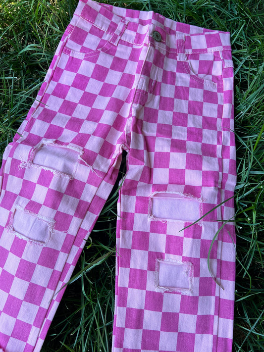 Pink & White Checkered Denim