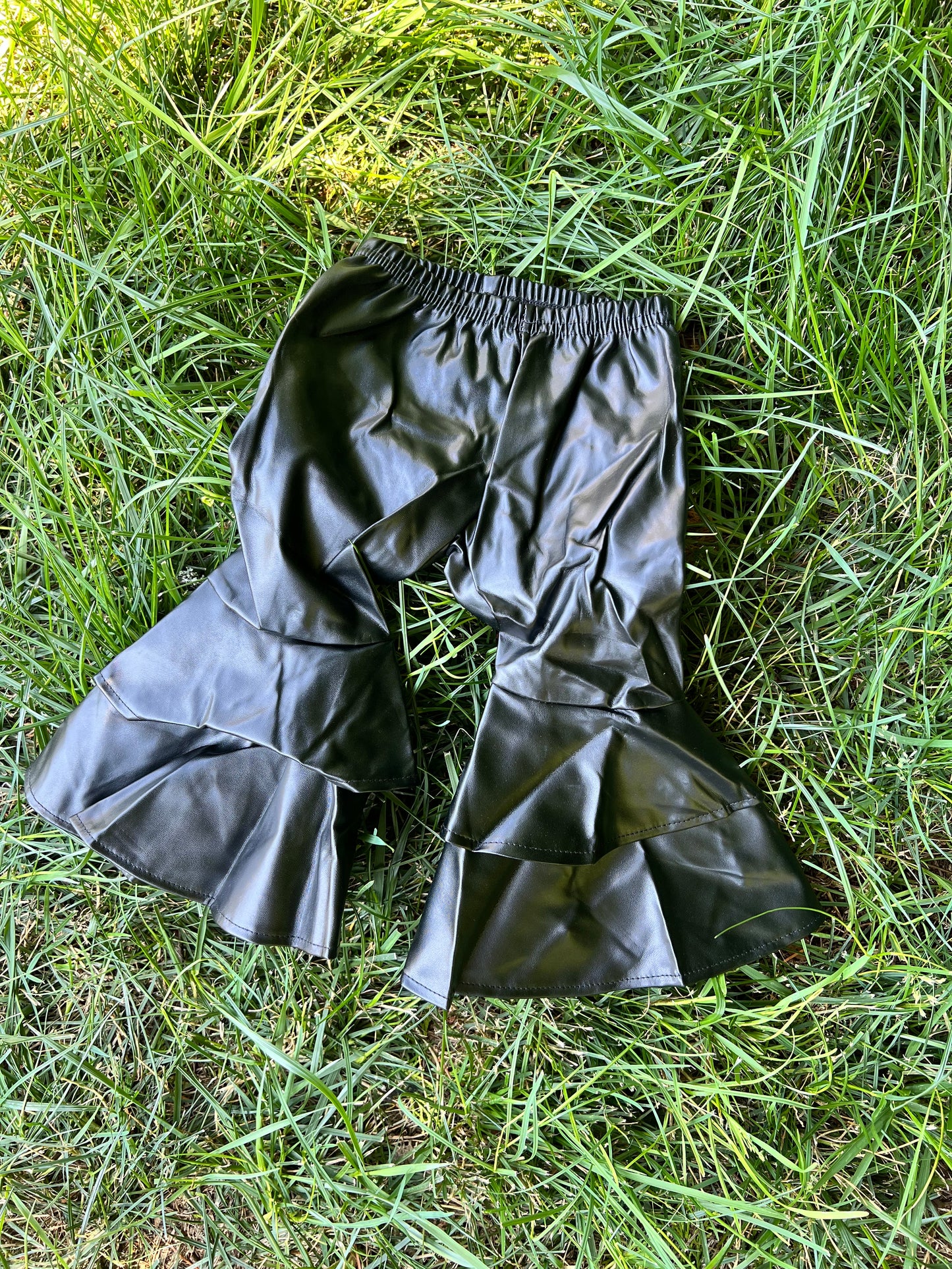 Double Ruffle Leather Pants - Black