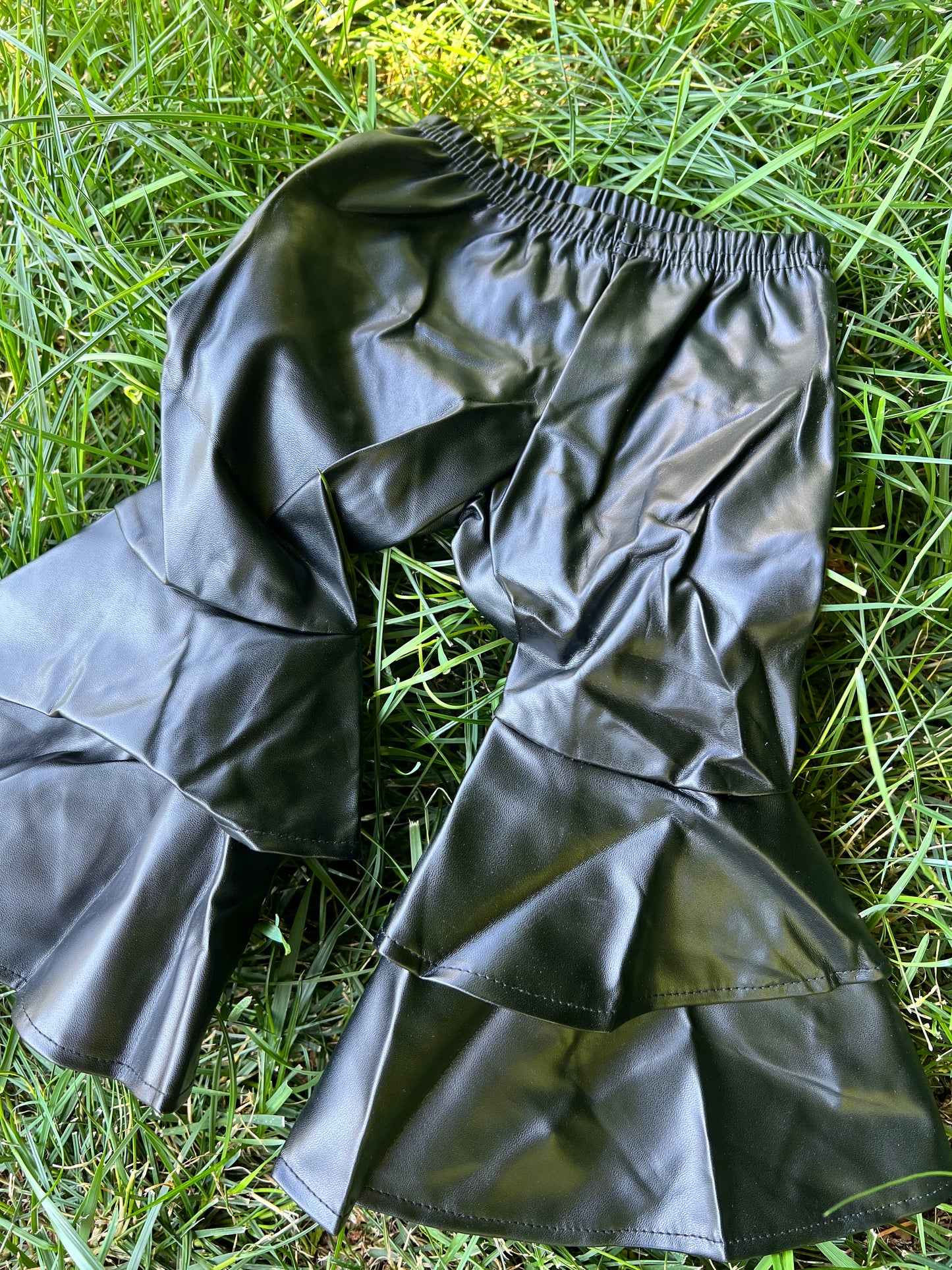 Double Ruffle Leather Pants - Black
