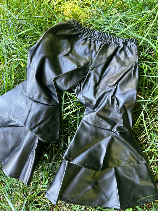 Double Ruffle Leather Pants - Black